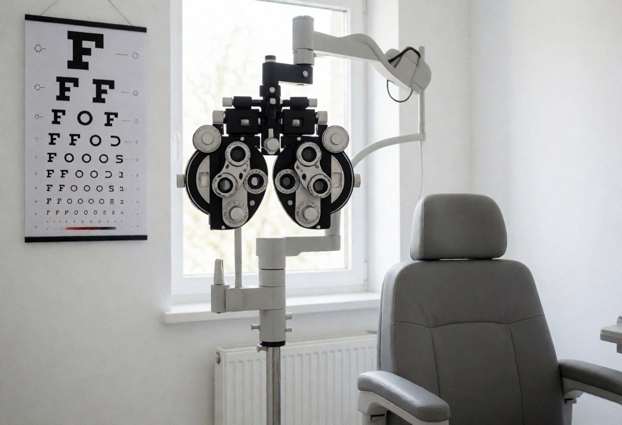 Empty optical exam room featuring a phoropter, eye chart, and patient chair, ideal for an optometry clinic or vision care center.