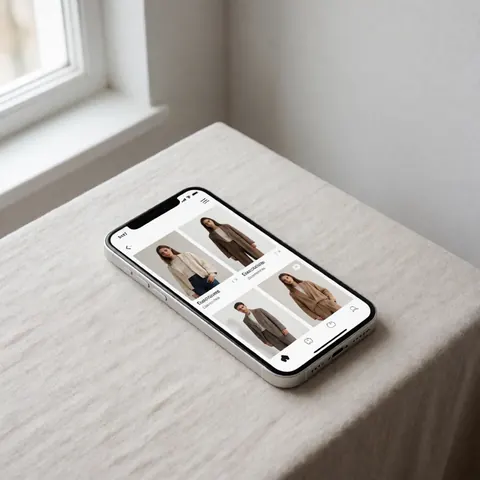 A clean, minimalist e-commerce app interface displayed on a smartphone screen, placed on a light wooden table near a window with natural lighting.