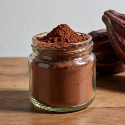 Glass jar filled with powdered cacao and whole cacao pods resting on a wooden surface with natural lighting