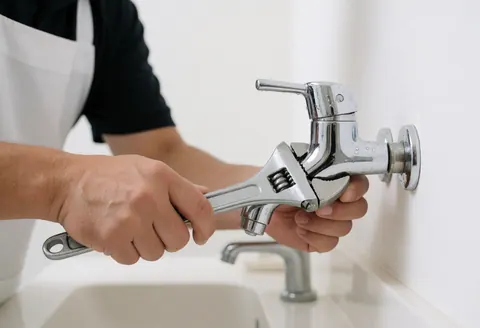 Professional plumber using an adjustable wrench to fix a bathroom faucet, focusing on hands and tool with a blurred background