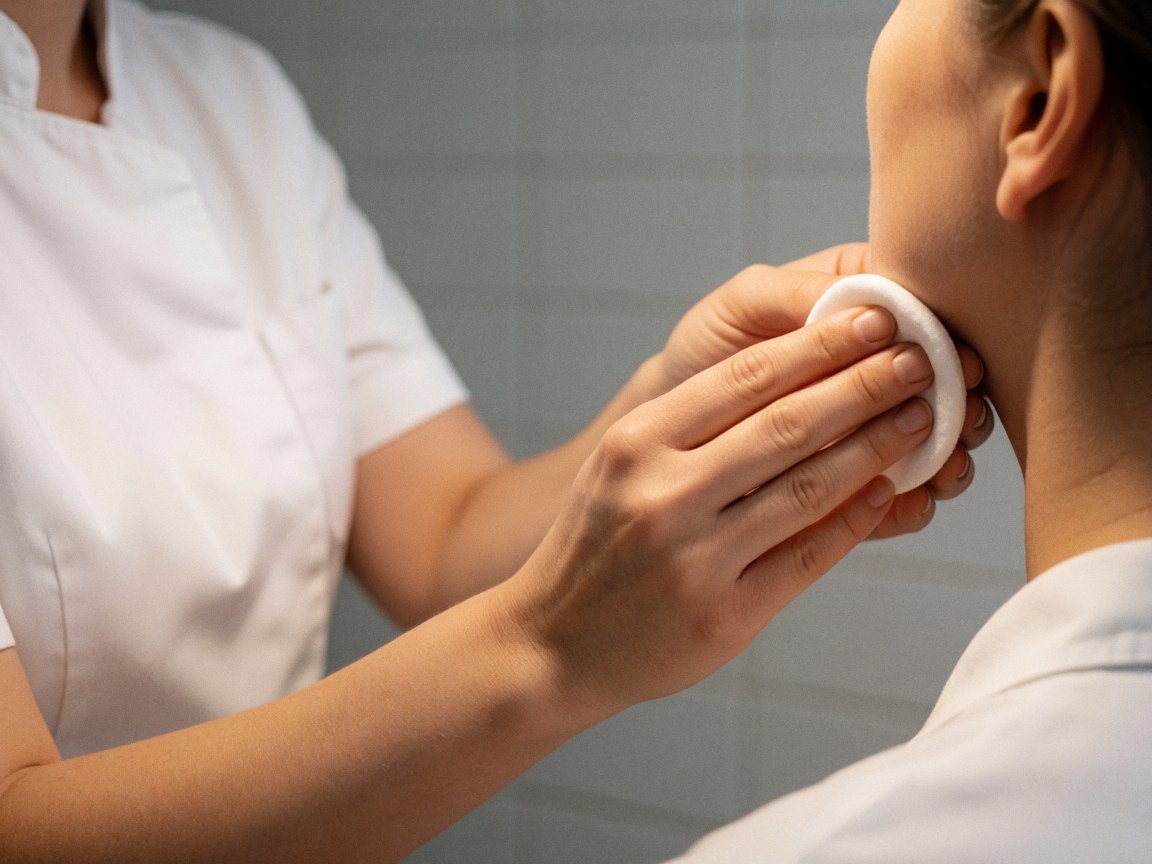 Close-up of hands applying facial toner to a client's neck using a cotton pad in a professional beauty salon setting