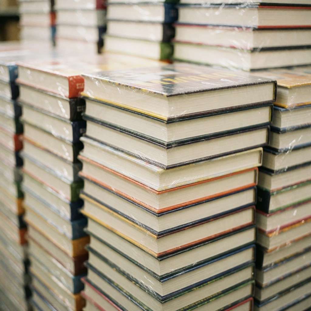 A neat stack of brand new books wrapped in protective plastic, ideal for bookstore inventory or educational supply displays.