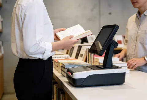 A bookstore cashier uses a barcode scanner to check the price of a book at the checkout counter for a customer.