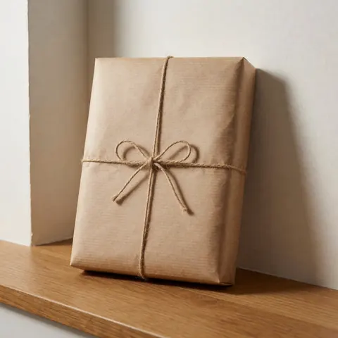 A package wrapped in brown kraft paper and twine resting on a wooden counter against a warm white wall with soft natural lighting