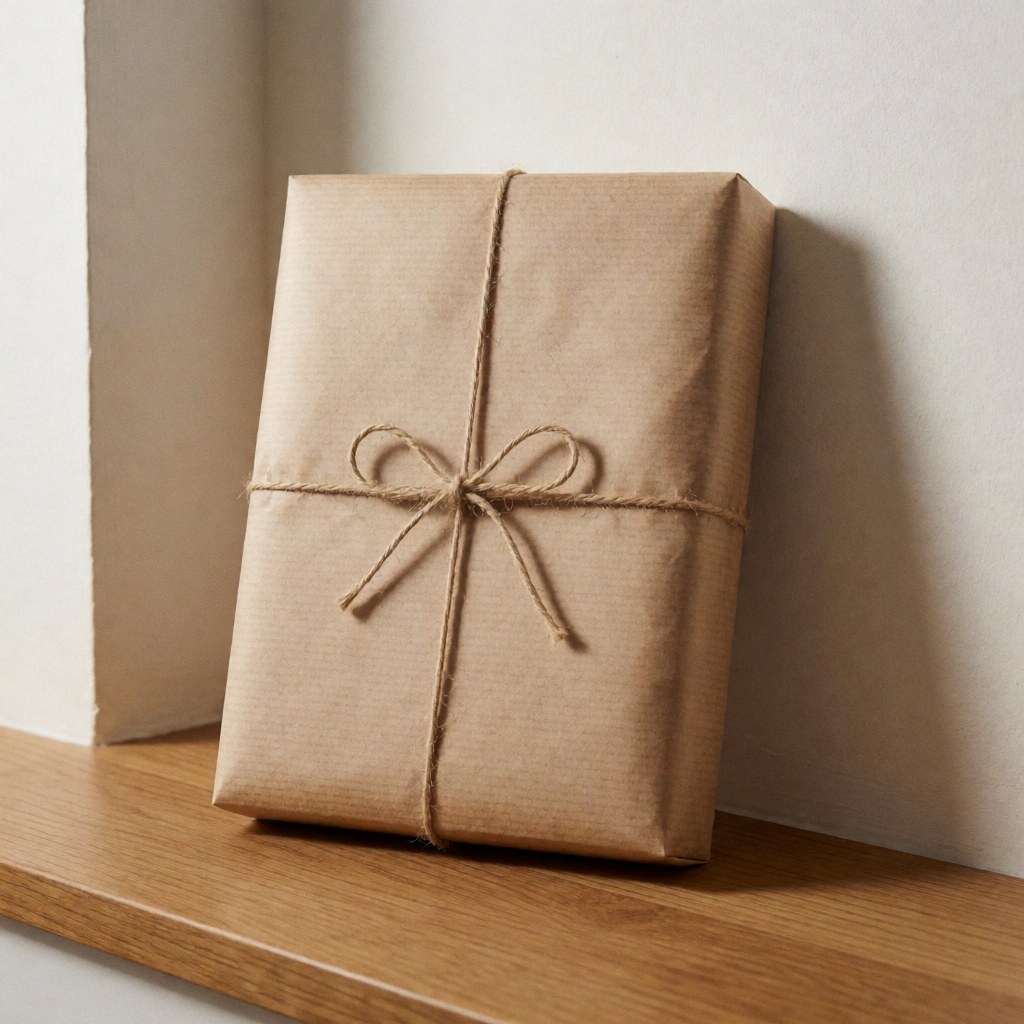 A package wrapped in brown kraft paper and twine resting on a wooden counter against a warm white wall with soft natural lighting