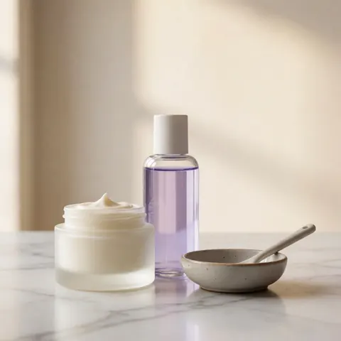 A close-up view of lavender cream and lavender water presented in a white bowl on a marble surface, highlighting natural skincare ingredients and beauty aesthetics.