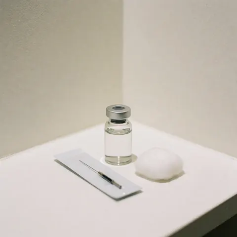 Sterile aesthetic filler vial with needle in packaging and cotton ball on a clean white surface for beauty clinic product display