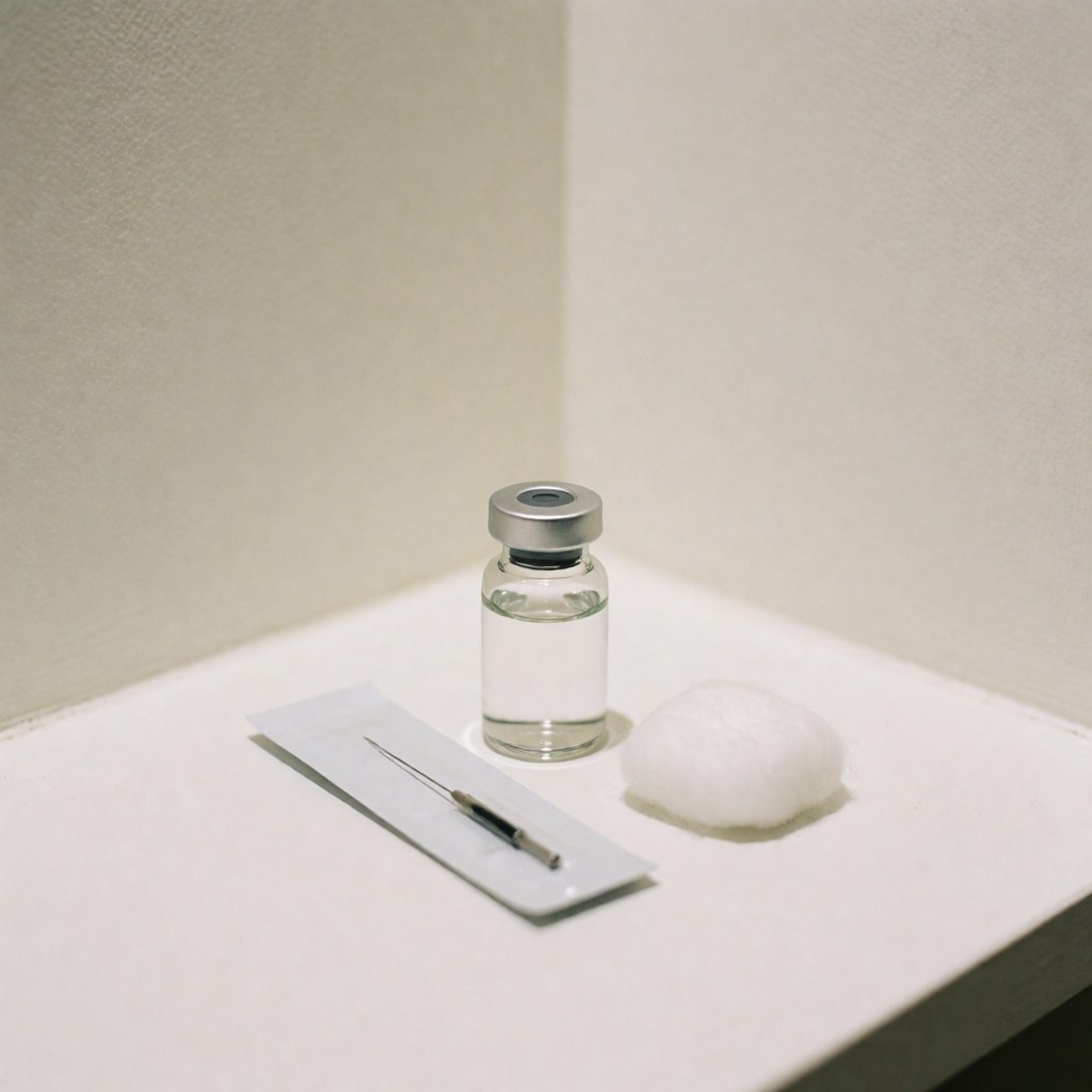 Sterile aesthetic filler vial with needle in packaging and cotton ball on a clean white surface for beauty clinic product display