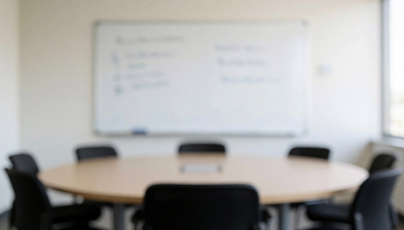 A blurred background of an empty corporate meeting room featuring a table and whiteboard, suitable for insurance business presentations