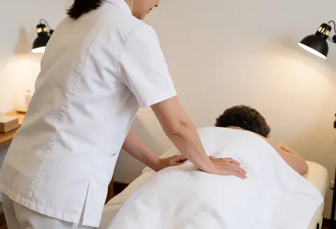 Therapist massaging client back with white towel in bright spa room with warm lighting