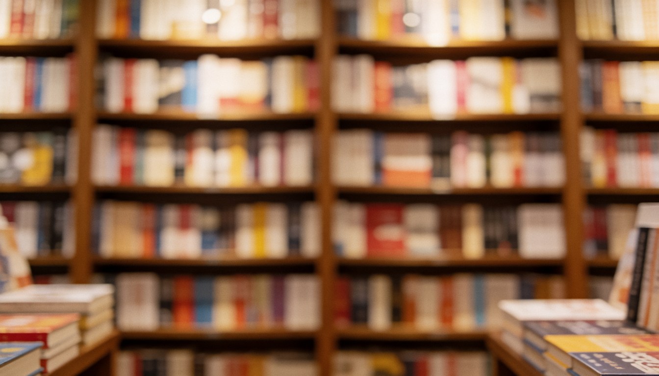 A blurred background of a bookstore interior featuring wooden bookshelves filled with books, creating a warm and calm atmosphere for reading.