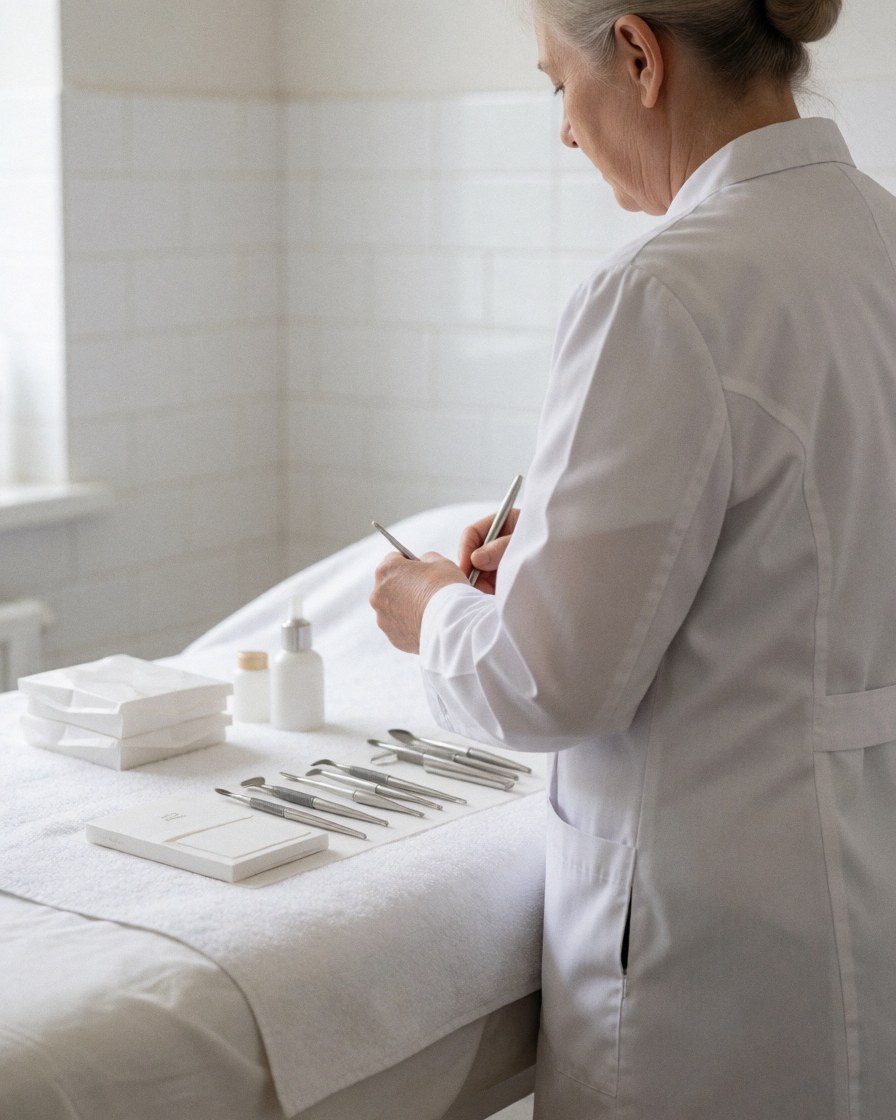 A professional in a white coat prepares sterile tools on a treatment table in a clean, tiled beauty salon.