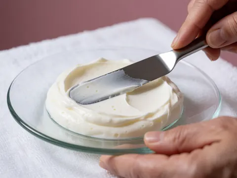 White creams being thickened with a metal spatula on a glass plate over a white towel with a pink background