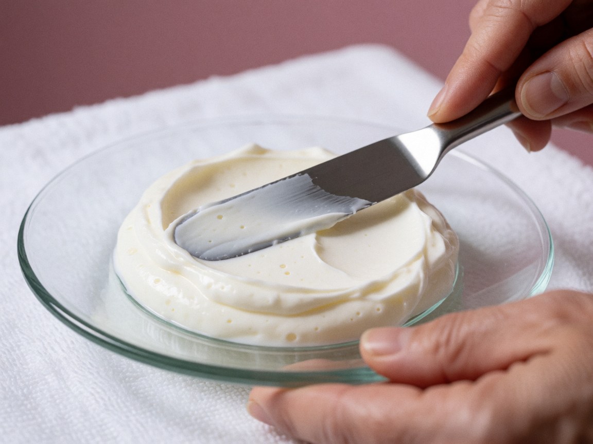White creams being thickened with a metal spatula on a glass plate over a white towel with a pink background