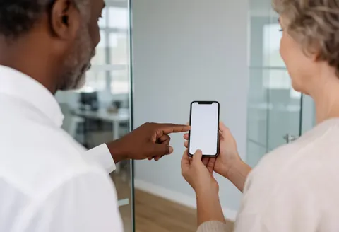 Financial advisor points to a smartphone screen held by a client in a modern office with gray walls and glass partitions.