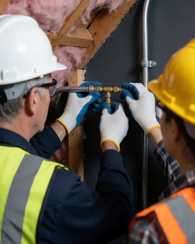 Technician wearing safety gear adjusting a copper pipe on a roof with pink insulation and wood
