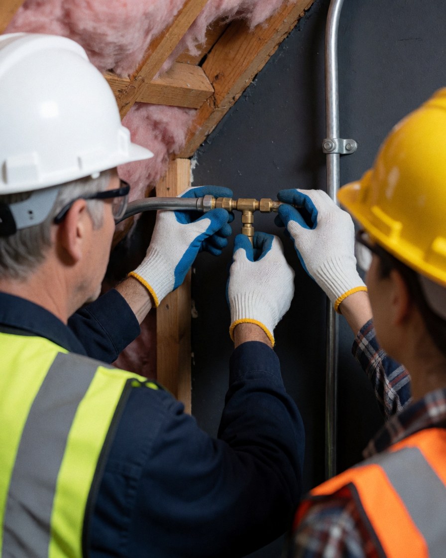 Technician wearing safety gear adjusting a copper pipe on a roof with pink insulation and wood