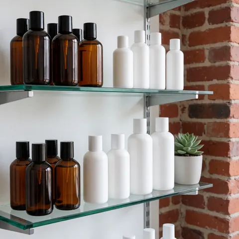 Glass shelf holding brown and white skincare bottles next to a white pot with a succulent against a red brick wall