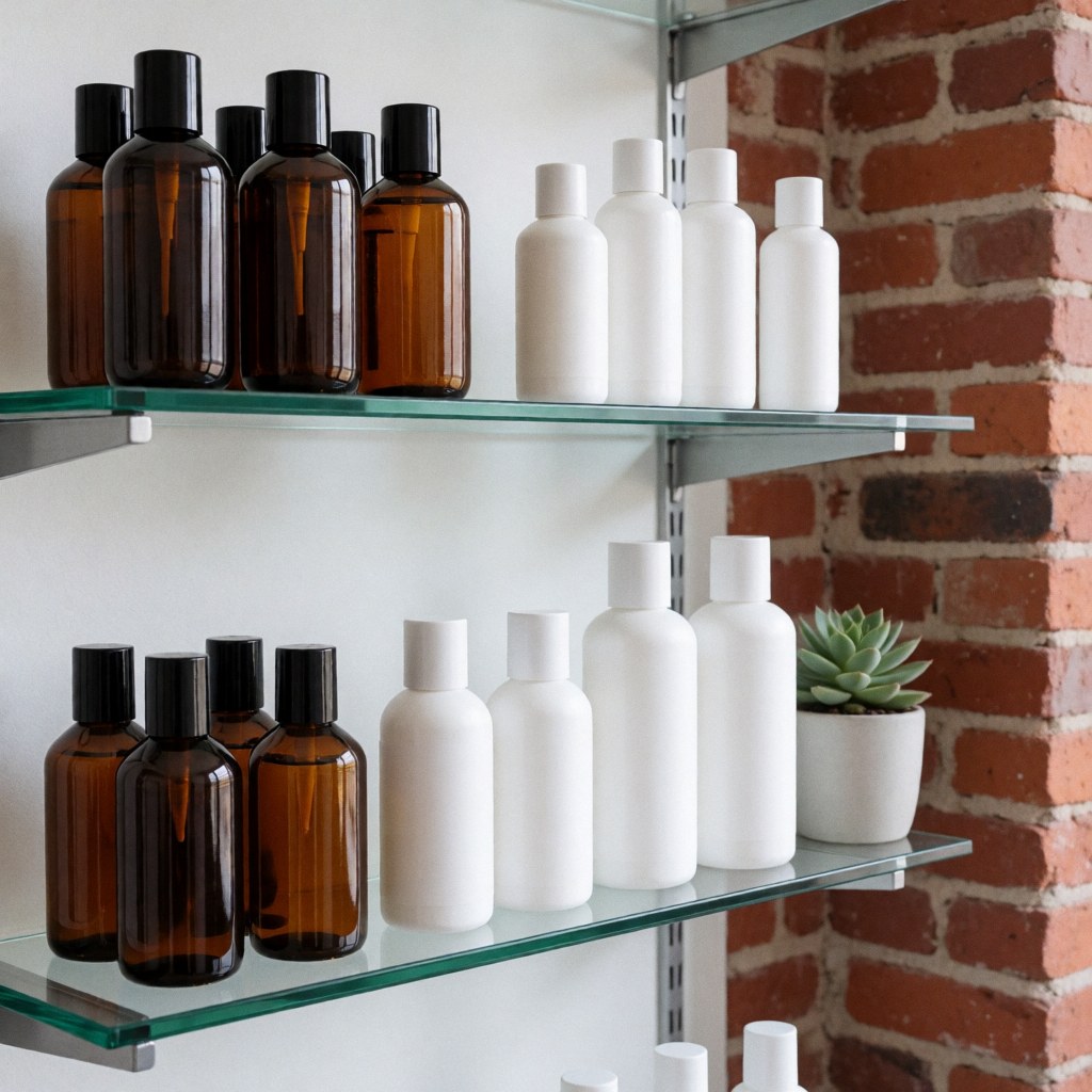 Glass shelf holding brown and white skincare bottles next to a white pot with a succulent against a red brick wall