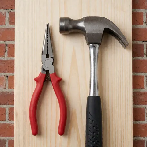 A pair of pliers and a hammer resting side by side on a wooden surface, ready for hardware store product display