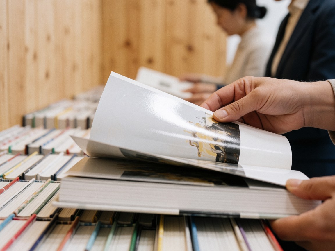 Close-up of an adult hand turning the glossy page of a thick book in a bookstore with blurred wooden shelves in the background