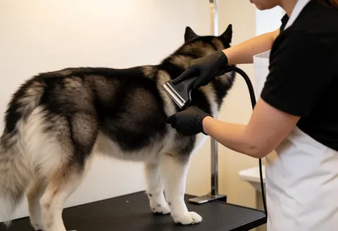 A groomer wearing black gloves and a white apron uses a deshedding tool on a large husky dog during a professional grooming session