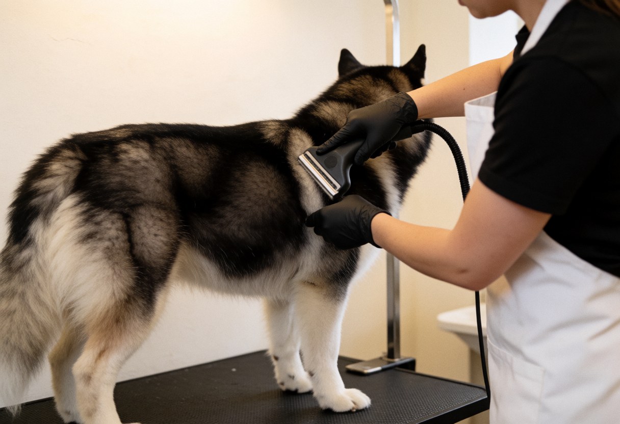 A groomer wearing black gloves and a white apron uses a deshedding tool on a large husky dog during a professional grooming session