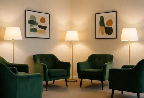 Empty hotel lobby featuring green armchairs, floor lamps, and abstract wall art creating a cozy atmosphere
