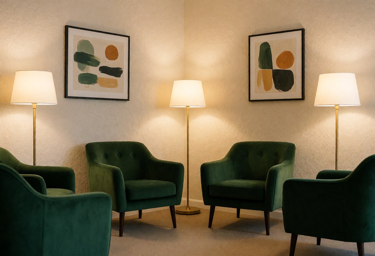 Empty hotel lobby featuring green armchairs, floor lamps, and abstract wall art creating a cozy atmosphere