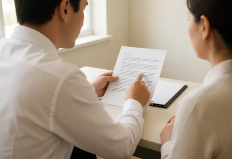 A lawyer and client review a document in a bright office, with the lawyer pointing to a clause in a professional setting.