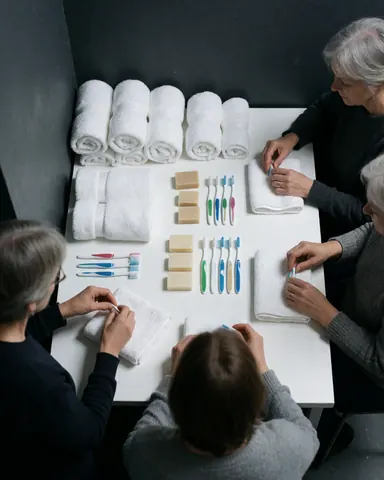 Three volunteers assemble hygiene kits with towels, soaps, and toothbrushes on a white table in a clean environment.