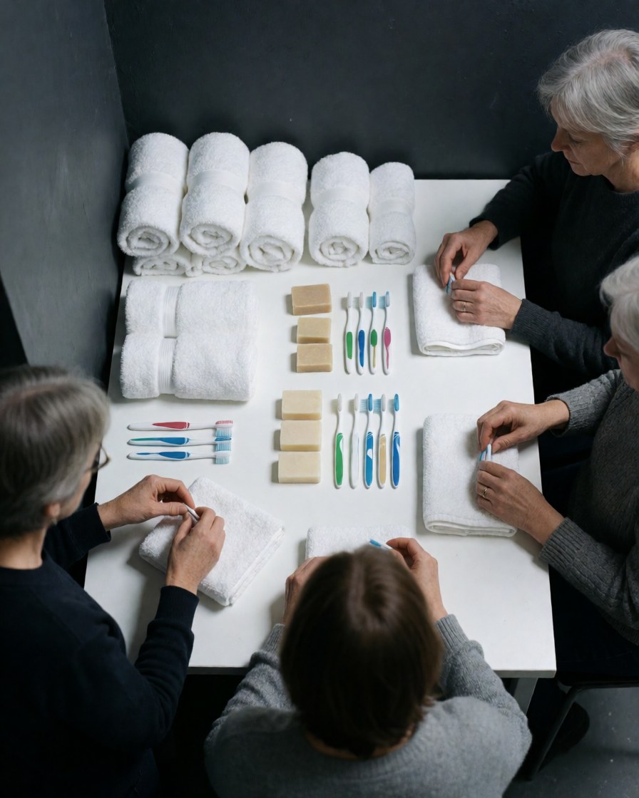 Three volunteers assemble hygiene kits with towels, soaps, and toothbrushes on a white table in a clean environment.