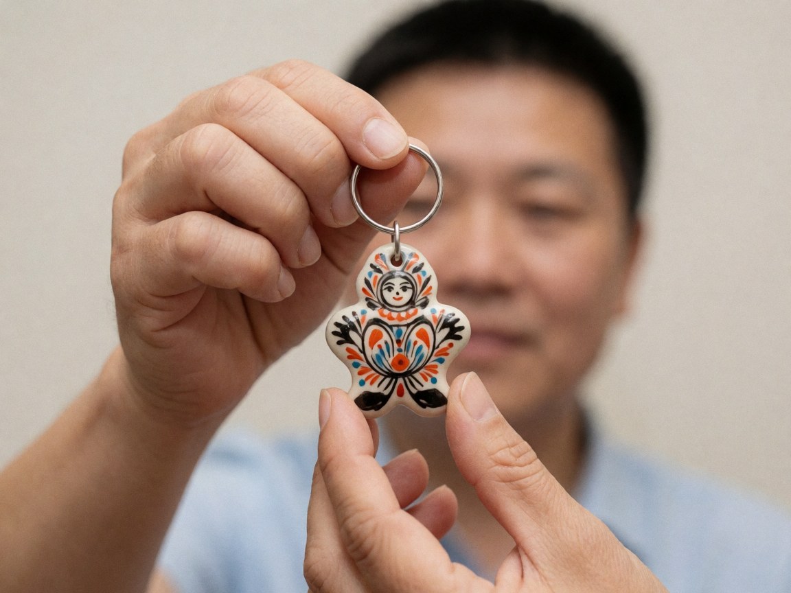 Close-up view of a unique handmade ceramic keychain with painted details, showcasing local artisan craftsmanship for real estate branding.