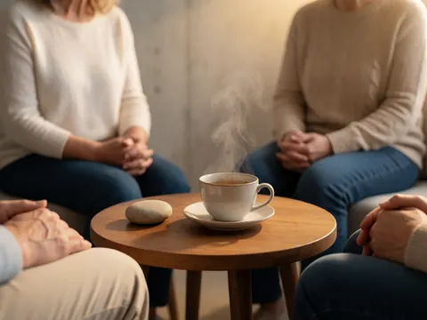 A steaming cup of tea and a smooth stone rest on a wooden table in a warm, relaxed group therapy setting with concrete walls.