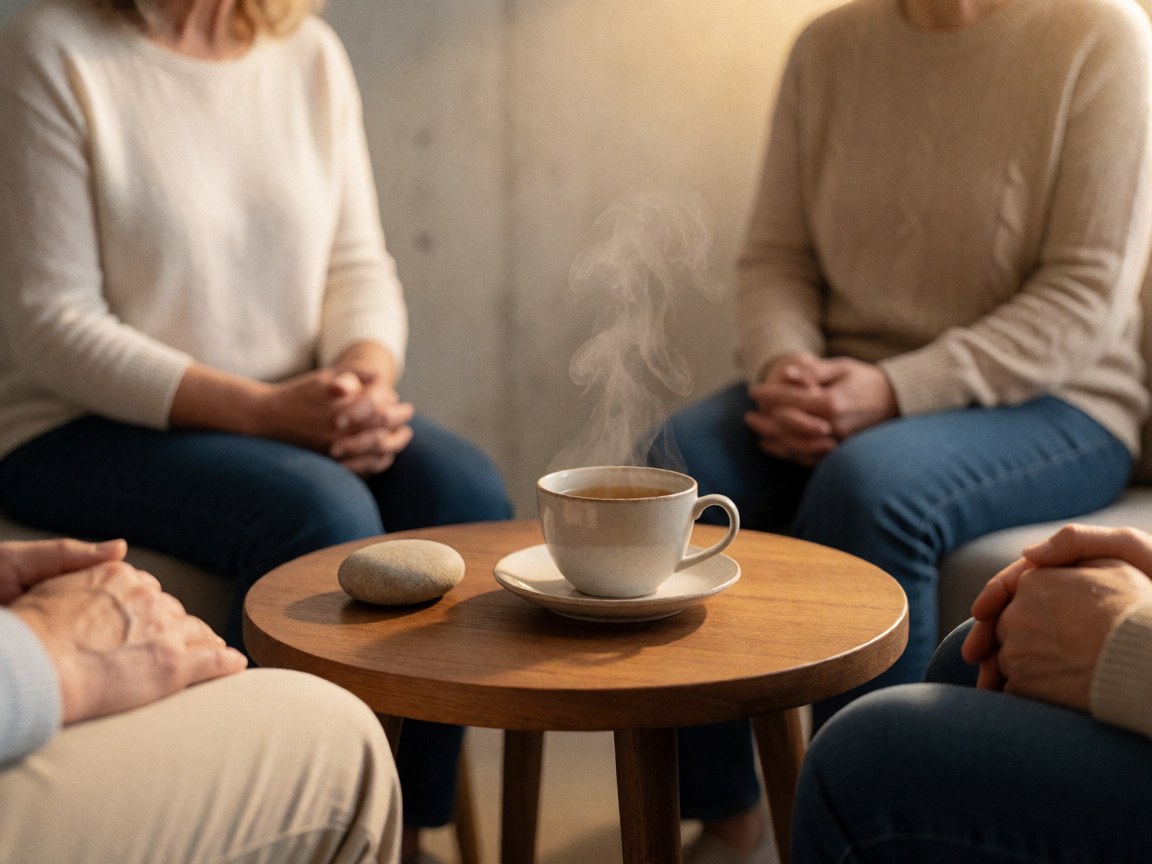 A steaming cup of tea and a smooth stone rest on a wooden table in a warm, relaxed group therapy setting with concrete walls.