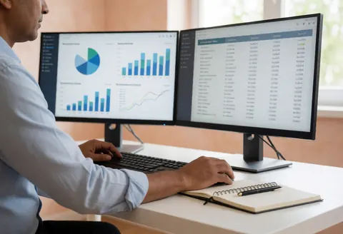 Person working on dual monitor setup at organized desk with notebook and pen, natural light, terracotta walls, ideal for online store