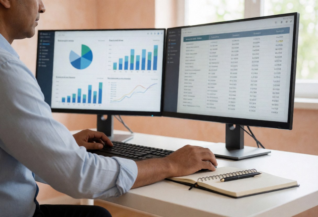 Person working on dual monitor setup at organized desk with notebook and pen, natural light, terracotta walls, ideal for online store