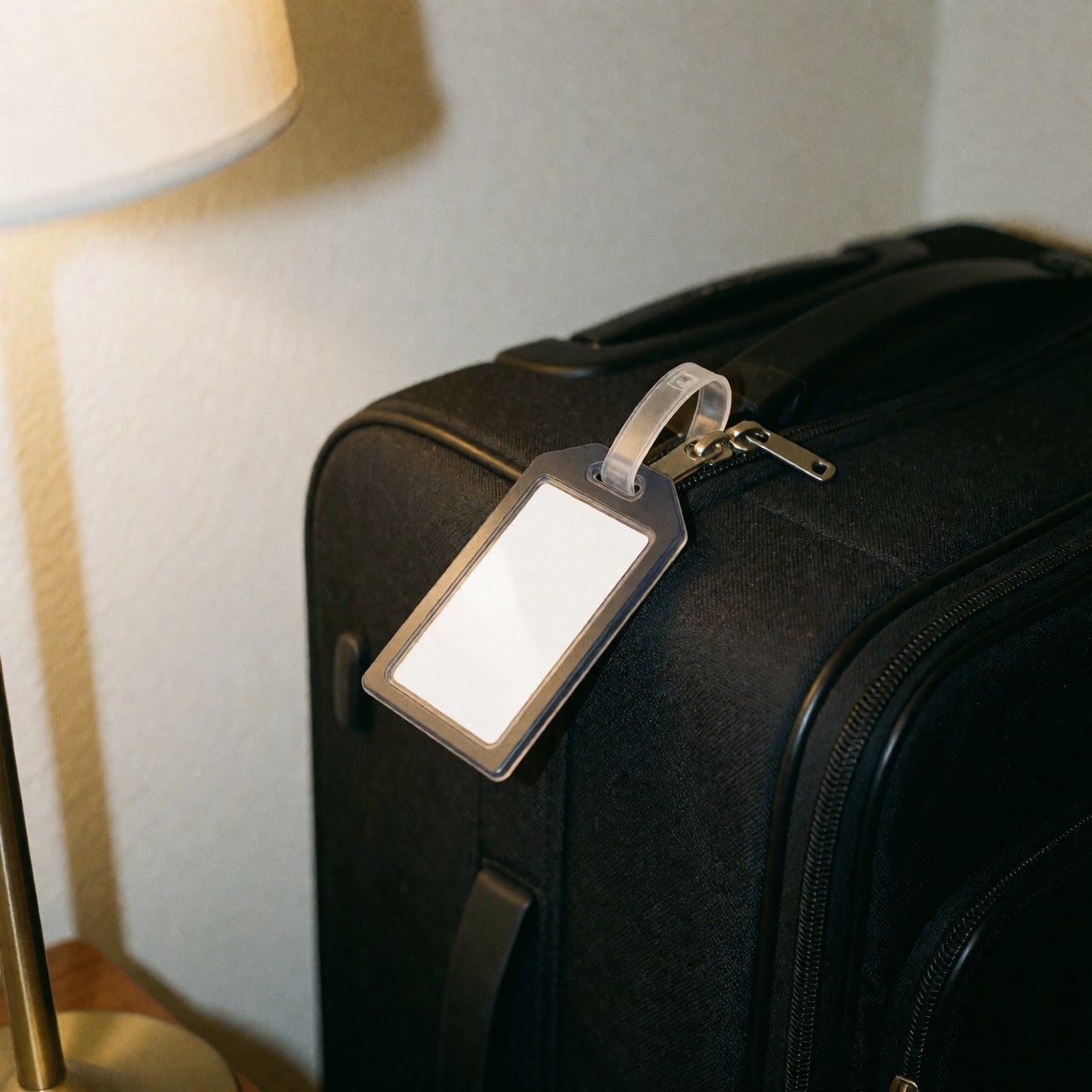 Close-up of a customizable luggage tag attached to the handle of a black suitcase against a white wall with warm lighting.