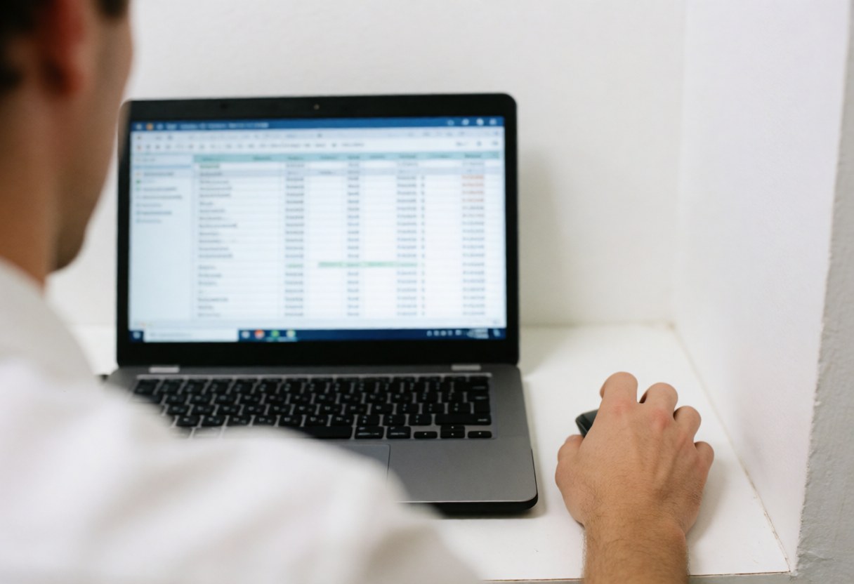 Back view of a consultant analyzing data on a laptop with a mouse in hand in a professional office setting