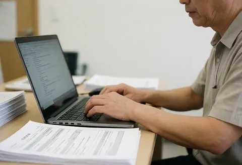 Professional insurance agent working on a laptop with claim documents on the desk in an organized office setting