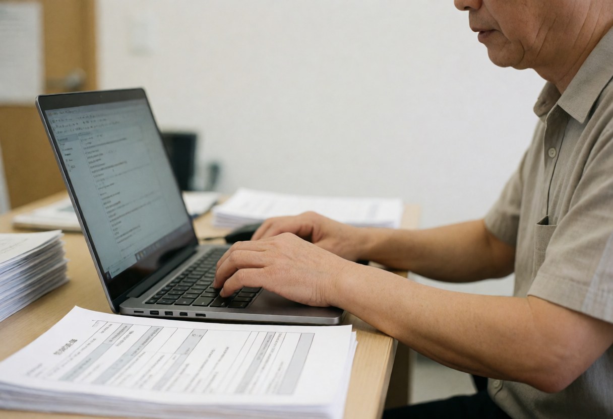 Professional insurance agent working on a laptop with claim documents on the desk in an organized office setting