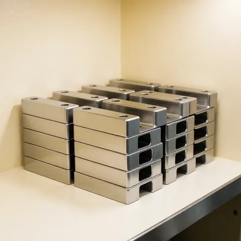 Close-up view of finished metal brackets arranged on a shelf in a manufacturing facility, showcasing polished industrial components ready for product assembly.