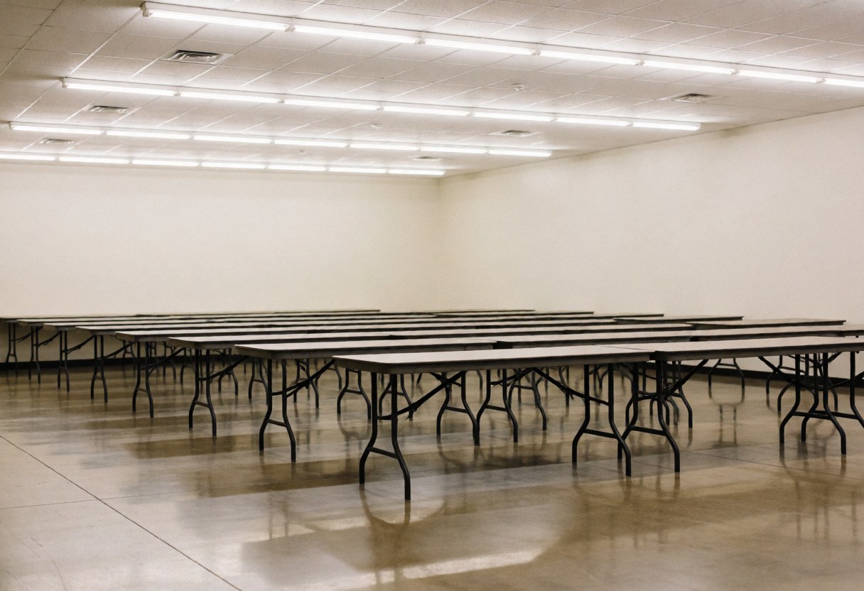 Empty community storage space featuring metal tables, polished floors, and fluorescent lighting, ready for events and text overlays