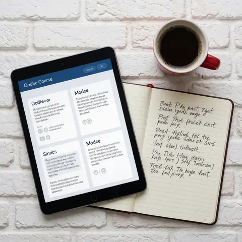 A tidy study desk setup featuring a tablet, an open notebook with notes, and a coffee mug against a plain white wall, ideal for online learning and remote work.