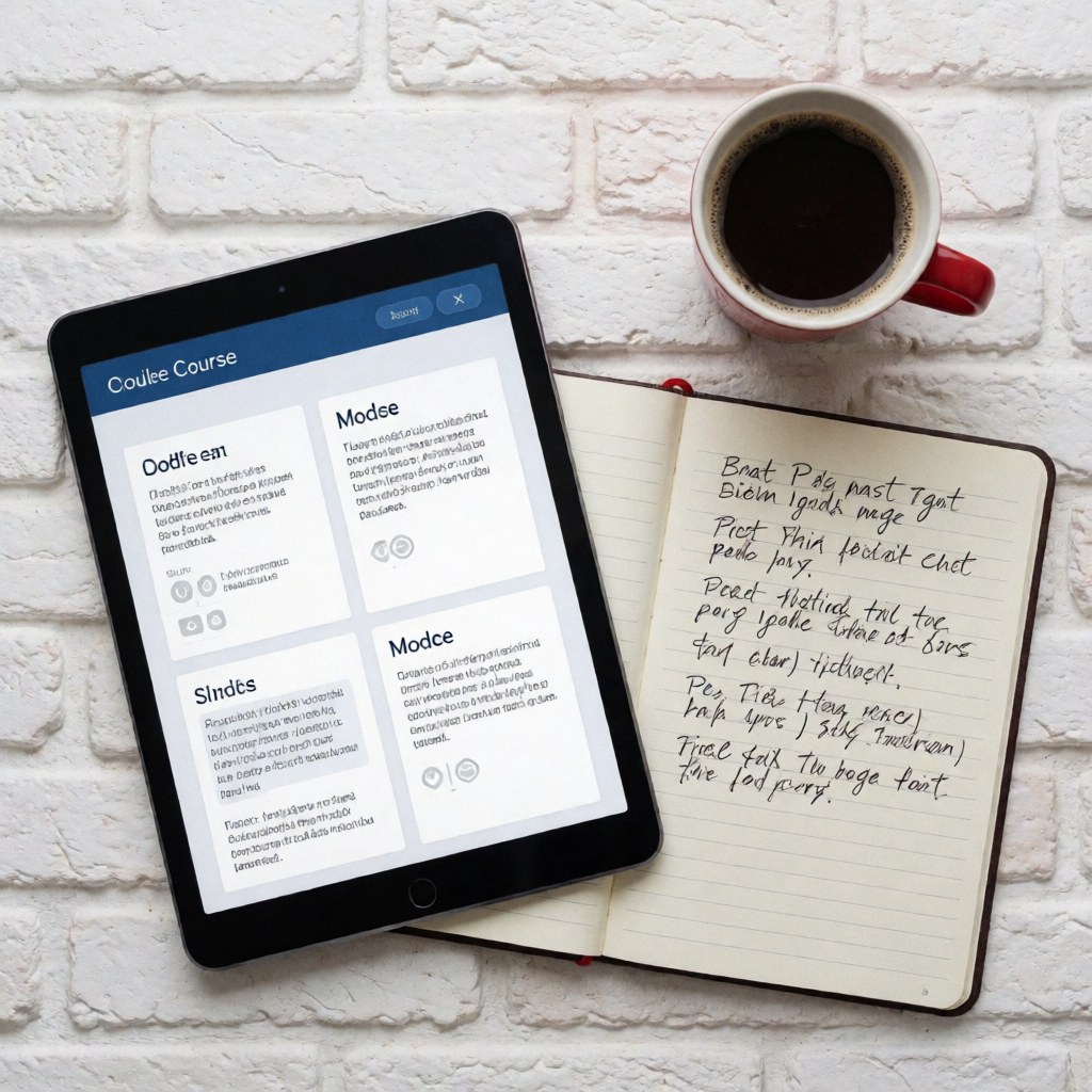 A tidy study desk setup featuring a tablet, an open notebook with notes, and a coffee mug against a plain white wall, ideal for online learning and remote work.