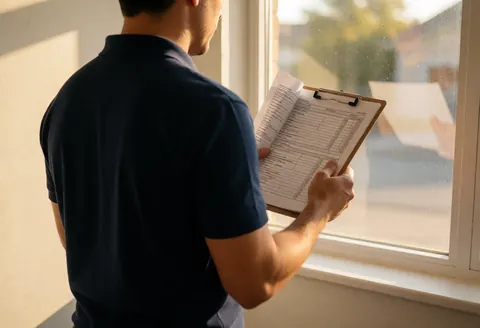 A professional inspector in a blue polo shirt documents site conditions on a clipboard during golden hour with long shadows and dust motes in the air