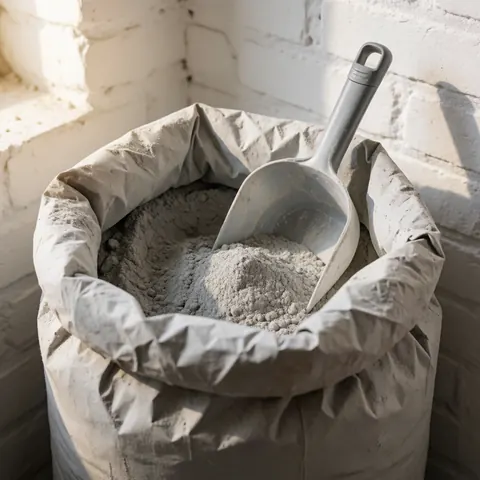 A gray cement bag containing a plastic shovel rests against a white brick wall, illuminated by natural light, showcasing a hardware store product.
