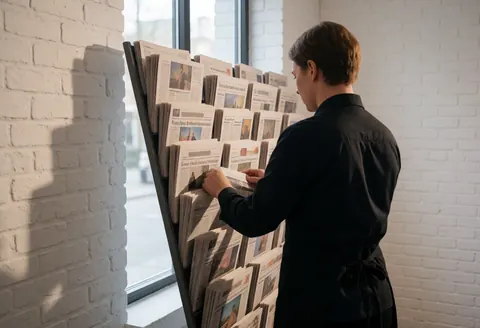 A bookstore employee arranges newspapers on a tall shelf near a window with natural light and a white brick wall.