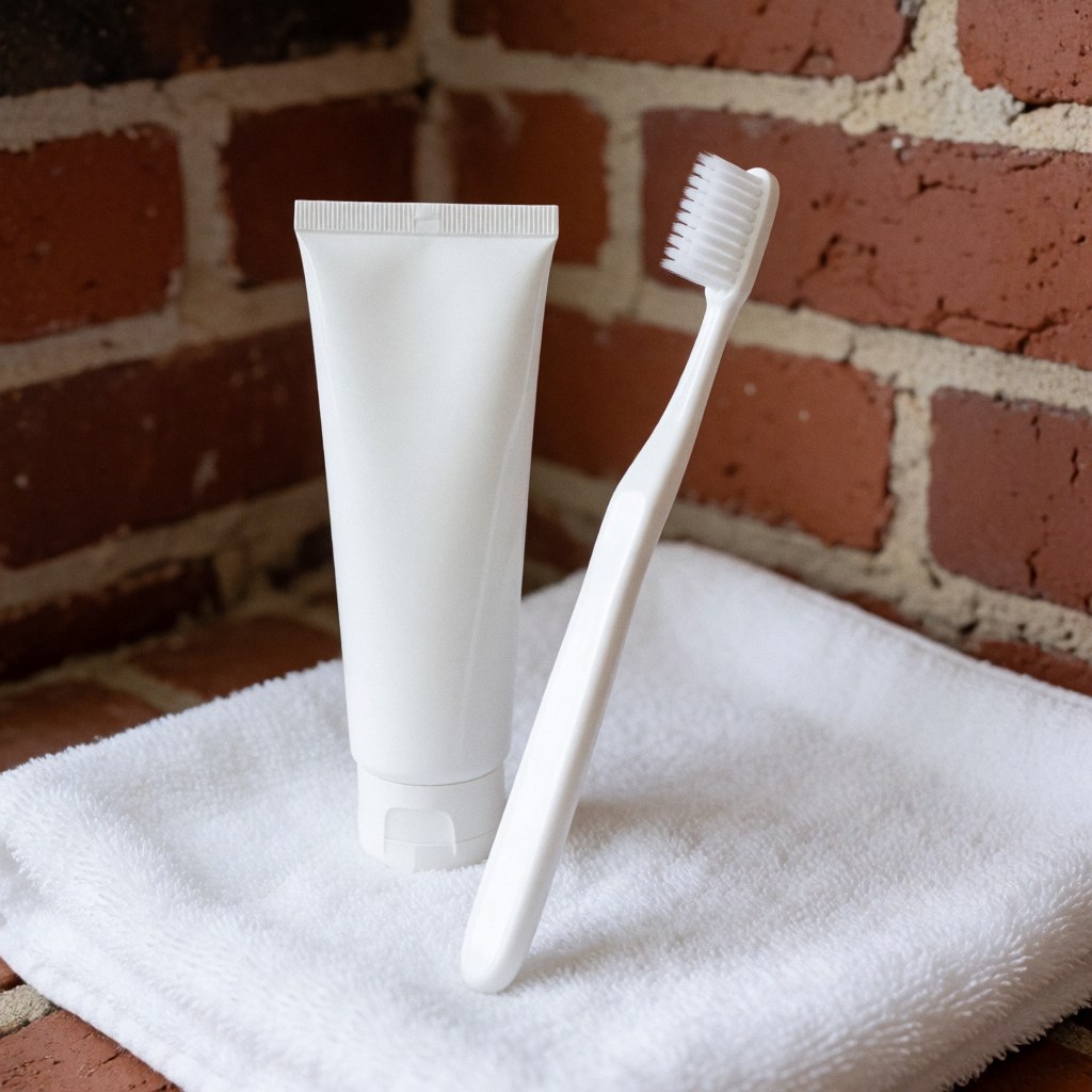 Dog toothbrush and toothpaste tube arranged on a folded white towel against a red brick wall for pet grooming products