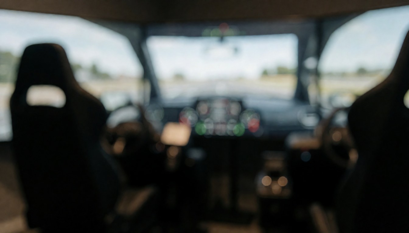 A blurred background image of a driving simulator interior featuring a dashboard, seats, and a window view, suitable for educational or automotive training contexts.
